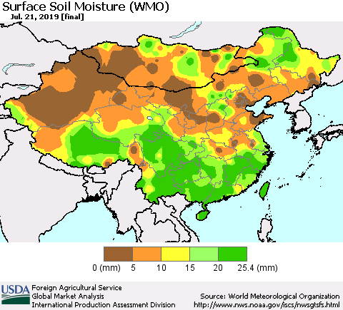 China and Taiwan Surface Soil Moisture (WMO) Thematic Map For 7/15/2019 - 7/21/2019
