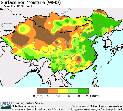 China and Taiwan Surface Soil Moisture (WMO) Thematic Map For 8/5/2019 - 8/11/2019