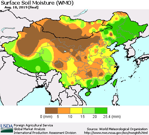 China and Taiwan Surface Soil Moisture (WMO) Thematic Map For 8/12/2019 - 8/18/2019