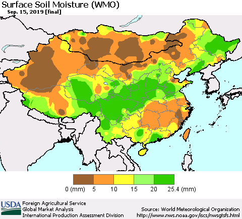 China and Taiwan Surface Soil Moisture (WMO) Thematic Map For 9/9/2019 - 9/15/2019