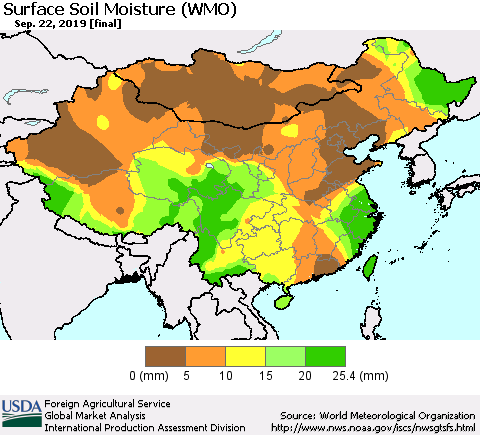 China, Mongolia and Taiwan Surface Soil Moisture (WMO) Thematic Map For 9/16/2019 - 9/22/2019