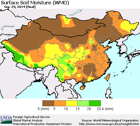 China and Taiwan Surface Soil Moisture (WMO) Thematic Map For 9/23/2019 - 9/29/2019