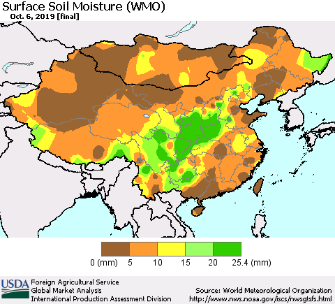 China and Taiwan Surface Soil Moisture (WMO) Thematic Map For 9/30/2019 - 10/6/2019
