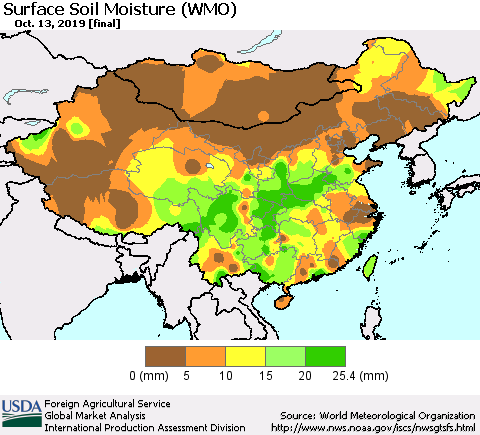 China and Taiwan Surface Soil Moisture (WMO) Thematic Map For 10/7/2019 - 10/13/2019