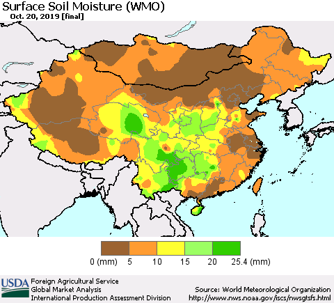China and Taiwan Surface Soil Moisture (WMO) Thematic Map For 10/14/2019 - 10/20/2019