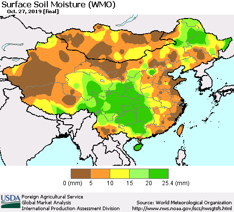 China, Mongolia and Taiwan Surface Soil Moisture (WMO) Thematic Map For 10/21/2019 - 10/27/2019