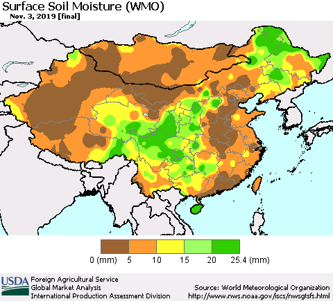 China, Mongolia and Taiwan Surface Soil Moisture (WMO) Thematic Map For 10/28/2019 - 11/3/2019
