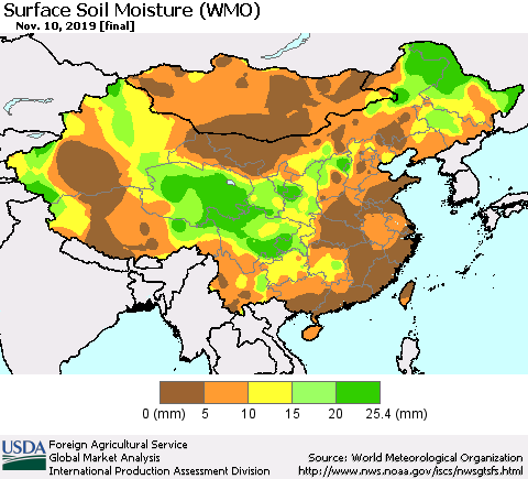 China, Mongolia and Taiwan Surface Soil Moisture (WMO) Thematic Map For 11/4/2019 - 11/10/2019