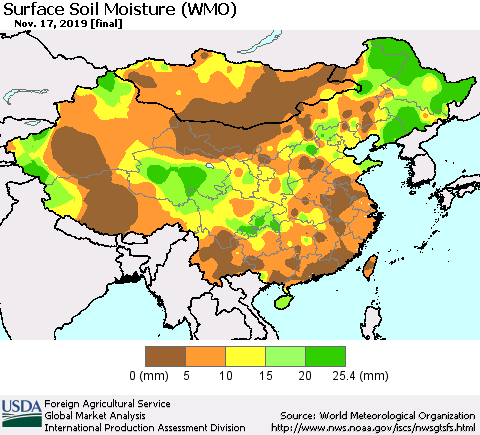 China, Mongolia and Taiwan Surface Soil Moisture (WMO) Thematic Map For 11/11/2019 - 11/17/2019