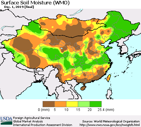 China and Taiwan Surface Soil Moisture (WMO) Thematic Map For 11/25/2019 - 12/1/2019