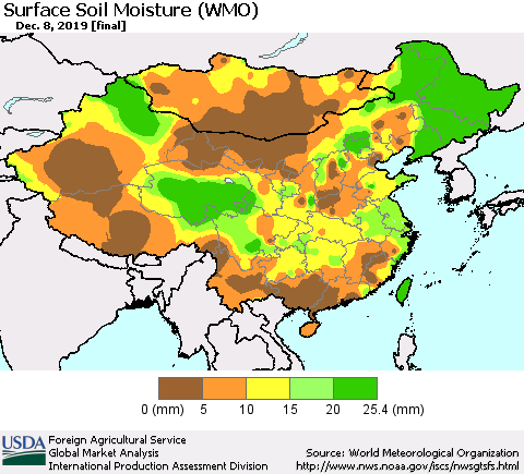 China and Taiwan Surface Soil Moisture (WMO) Thematic Map For 12/2/2019 - 12/8/2019