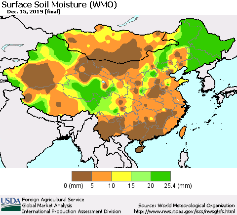 China, Mongolia and Taiwan Surface Soil Moisture (WMO) Thematic Map For 12/9/2019 - 12/15/2019