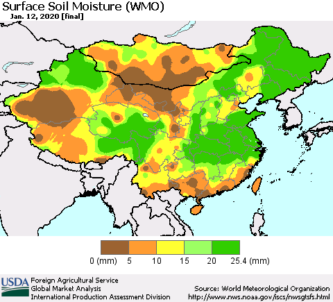 China and Taiwan Surface Soil Moisture (WMO) Thematic Map For 1/6/2020 - 1/12/2020