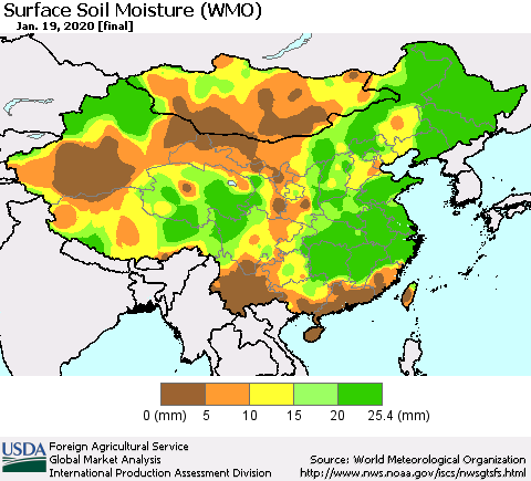 China and Taiwan Surface Soil Moisture (WMO) Thematic Map For 1/13/2020 - 1/19/2020