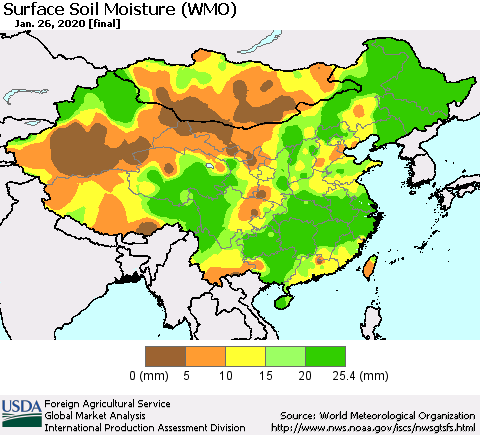 China and Taiwan Surface Soil Moisture (WMO) Thematic Map For 1/20/2020 - 1/26/2020