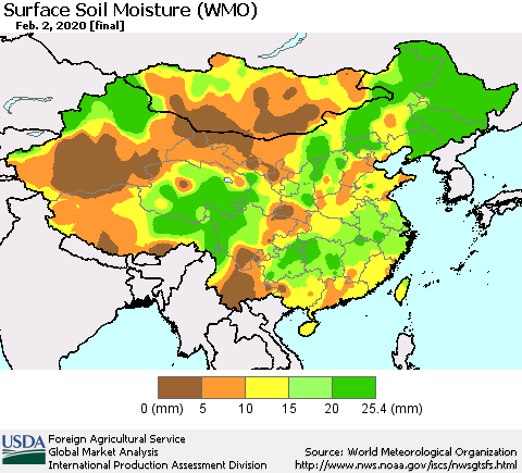 China, Mongolia and Taiwan Surface Soil Moisture (WMO) Thematic Map For 1/27/2020 - 2/2/2020