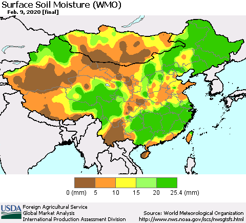 China and Taiwan Surface Soil Moisture (WMO) Thematic Map For 2/3/2020 - 2/9/2020
