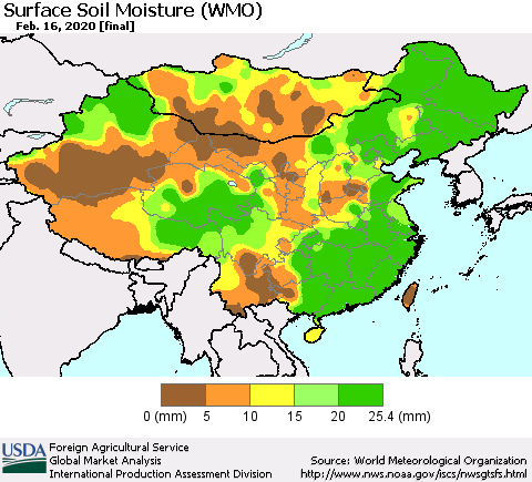 China and Taiwan Surface Soil Moisture (WMO) Thematic Map For 2/10/2020 - 2/16/2020