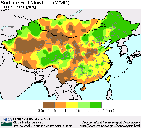 China, Mongolia and Taiwan Surface Soil Moisture (WMO) Thematic Map For 2/17/2020 - 2/23/2020