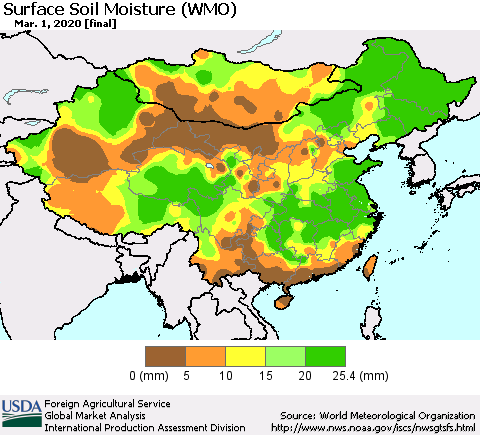 China and Taiwan Surface Soil Moisture (WMO) Thematic Map For 2/24/2020 - 3/1/2020