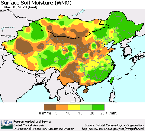 China, Mongolia and Taiwan Surface Soil Moisture (WMO) Thematic Map For 3/9/2020 - 3/15/2020