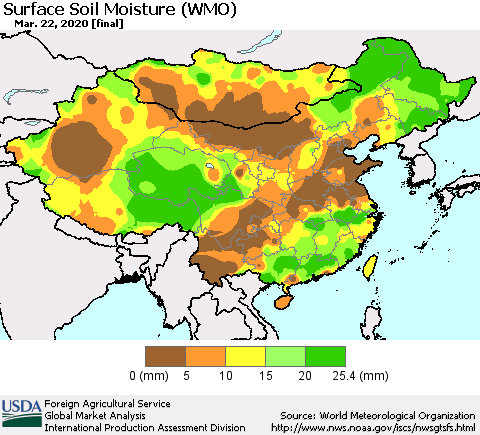 China and Taiwan Surface Soil Moisture (WMO) Thematic Map For 3/16/2020 - 3/22/2020