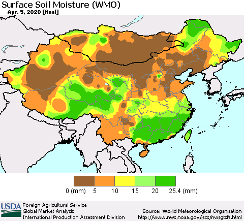 China and Taiwan Surface Soil Moisture (WMO) Thematic Map For 3/30/2020 - 4/5/2020