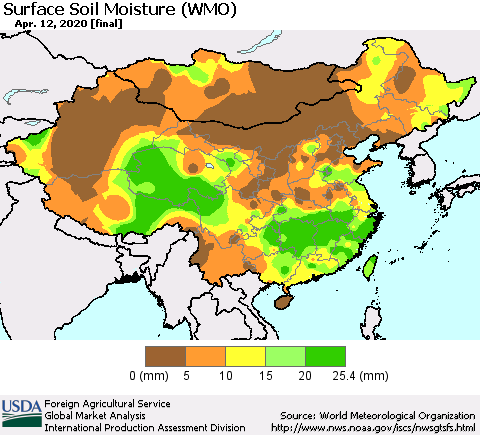 China and Taiwan Surface Soil Moisture (WMO) Thematic Map For 4/6/2020 - 4/12/2020