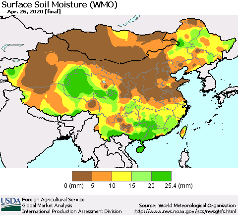 China and Taiwan Surface Soil Moisture (WMO) Thematic Map For 4/20/2020 - 4/26/2020