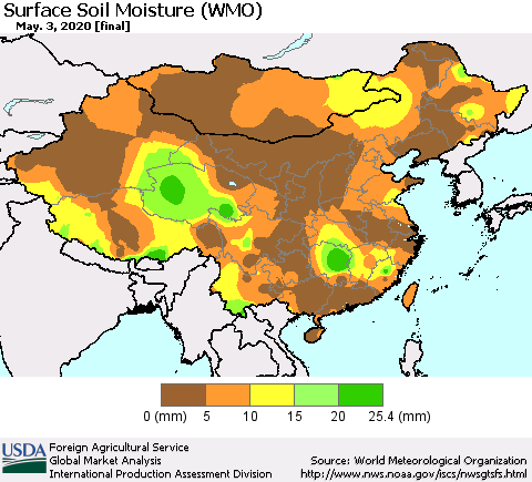 China and Taiwan Surface Soil Moisture (WMO) Thematic Map For 4/27/2020 - 5/3/2020
