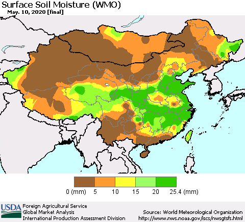 China and Taiwan Surface Soil Moisture (WMO) Thematic Map For 5/4/2020 - 5/10/2020