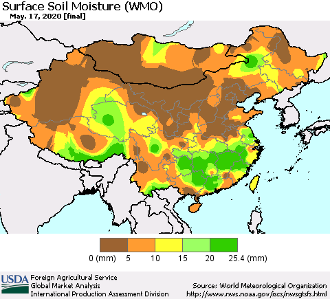 China and Taiwan Surface Soil Moisture (WMO) Thematic Map For 5/11/2020 - 5/17/2020