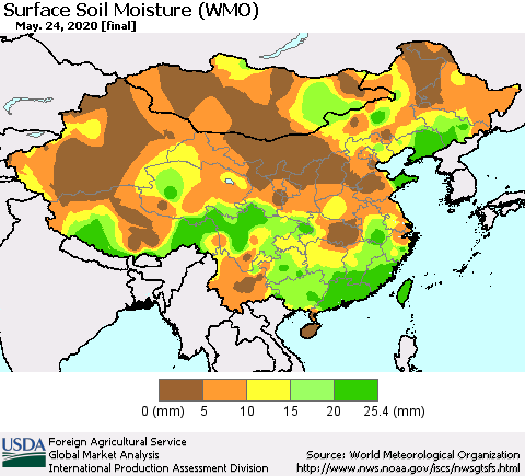 China and Taiwan Surface Soil Moisture (WMO) Thematic Map For 5/18/2020 - 5/24/2020
