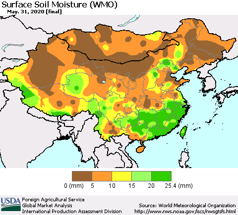 China and Taiwan Surface Soil Moisture (WMO) Thematic Map For 5/25/2020 - 5/31/2020