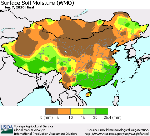 China, Mongolia and Taiwan Surface Soil Moisture (WMO) Thematic Map For 6/1/2020 - 6/7/2020