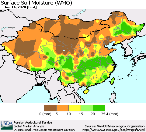 China, Mongolia and Taiwan Surface Soil Moisture (WMO) Thematic Map For 6/8/2020 - 6/14/2020