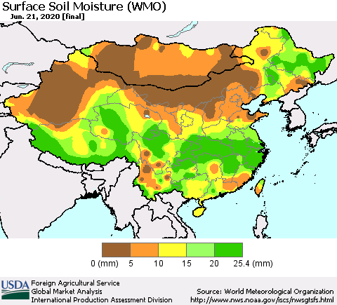 China and Taiwan Surface Soil Moisture (WMO) Thematic Map For 6/15/2020 - 6/21/2020