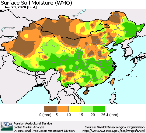 China and Taiwan Surface Soil Moisture (WMO) Thematic Map For 6/22/2020 - 6/28/2020