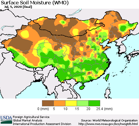 China, Mongolia and Taiwan Surface Soil Moisture (WMO) Thematic Map For 6/29/2020 - 7/5/2020