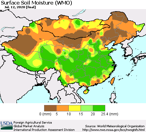 China, Mongolia and Taiwan Surface Soil Moisture (WMO) Thematic Map For 7/6/2020 - 7/12/2020