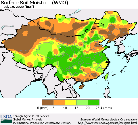 China, Mongolia and Taiwan Surface Soil Moisture (WMO) Thematic Map For 7/13/2020 - 7/19/2020