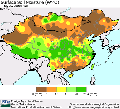 China, Mongolia and Taiwan Surface Soil Moisture (WMO) Thematic Map For 7/20/2020 - 7/26/2020