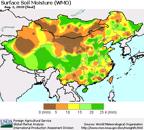 China, Mongolia and Taiwan Surface Soil Moisture (WMO) Thematic Map For 7/27/2020 - 8/2/2020