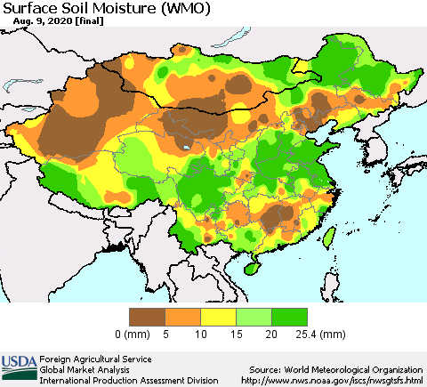 China, Mongolia and Taiwan Surface Soil Moisture (WMO) Thematic Map For 8/3/2020 - 8/9/2020