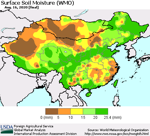 China, Mongolia and Taiwan Surface Soil Moisture (WMO) Thematic Map For 8/10/2020 - 8/16/2020