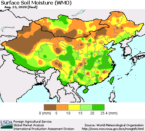 China, Mongolia and Taiwan Surface Soil Moisture (WMO) Thematic Map For 8/17/2020 - 8/23/2020