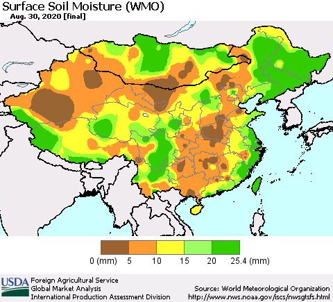 China, Mongolia and Taiwan Surface Soil Moisture (WMO) Thematic Map For 8/24/2020 - 8/30/2020