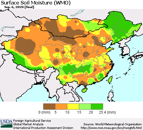 China, Mongolia and Taiwan Surface Soil Moisture (WMO) Thematic Map For 8/31/2020 - 9/6/2020