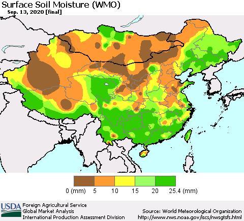 China, Mongolia and Taiwan Surface Soil Moisture (WMO) Thematic Map For 9/7/2020 - 9/13/2020