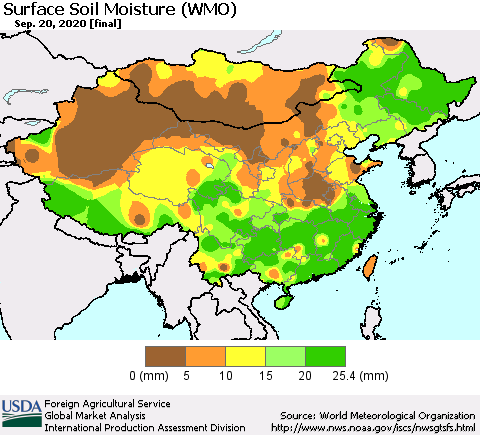China, Mongolia and Taiwan Surface Soil Moisture (WMO) Thematic Map For 9/14/2020 - 9/20/2020